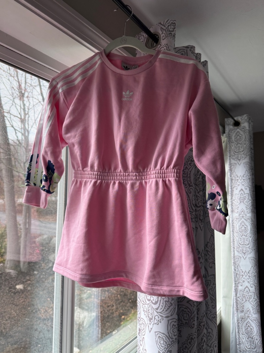 adidas Pink Girls' Long-Sleeve Pullover Dress with Floral Sleeves